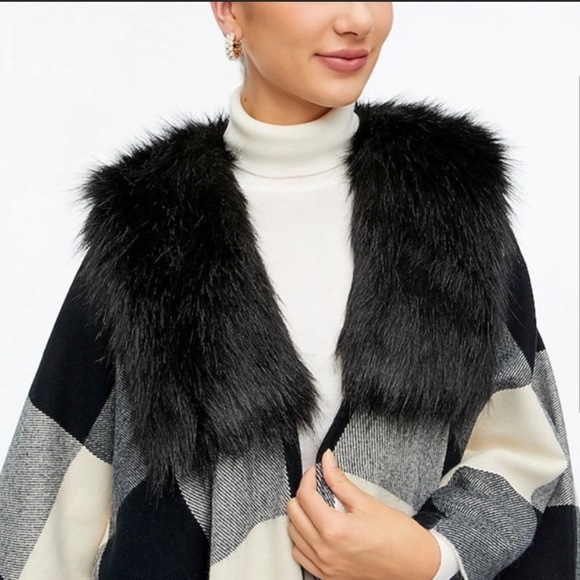 NWT J. Crew Black & White Gingham Plaid Fur Collar Fringe Poncho Cape Jacket - Picture 8 of 8